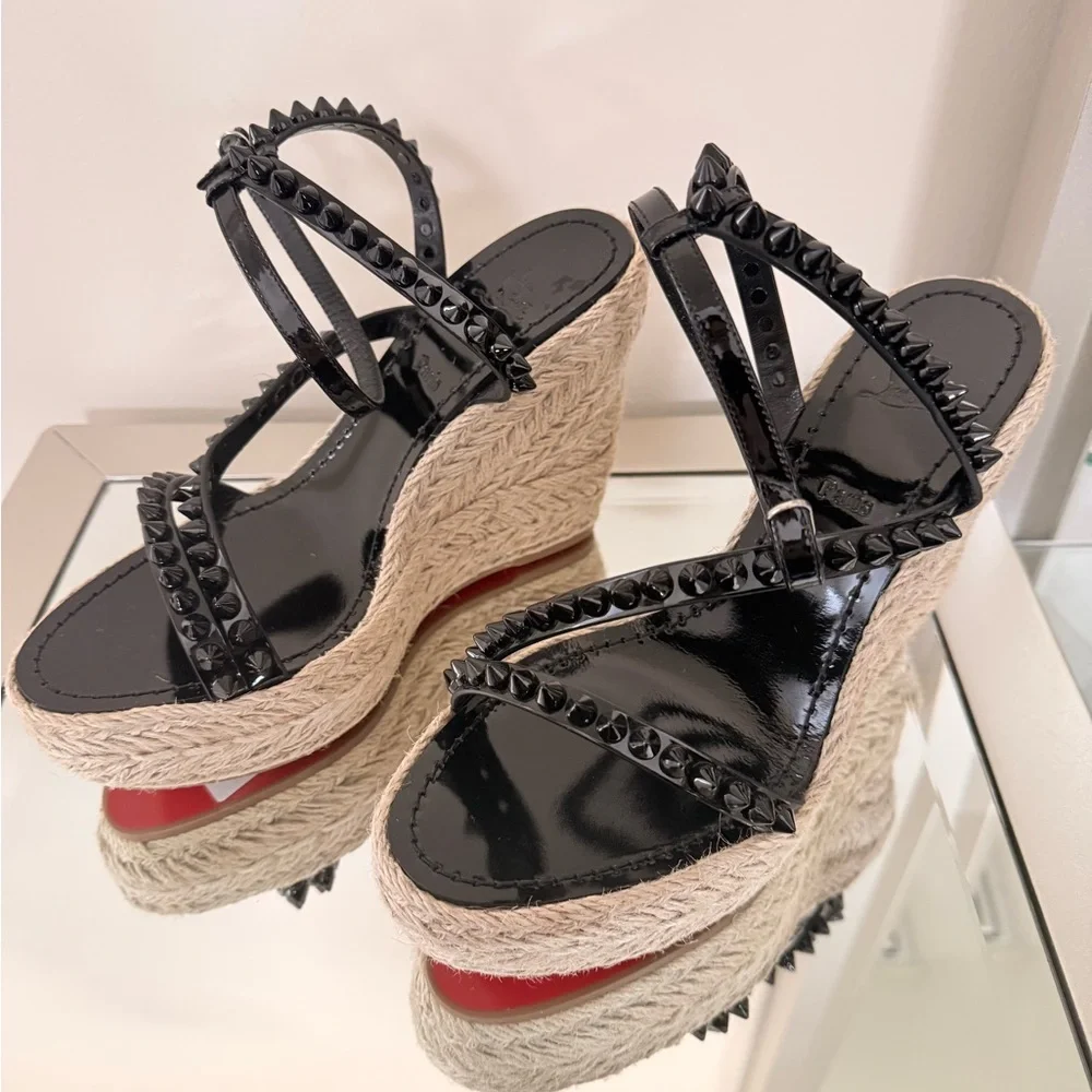 Christian Louboutin Mafaldina Wedge Espadrille Sandals Black/Tan Size 38 New - Picture 11 of 11